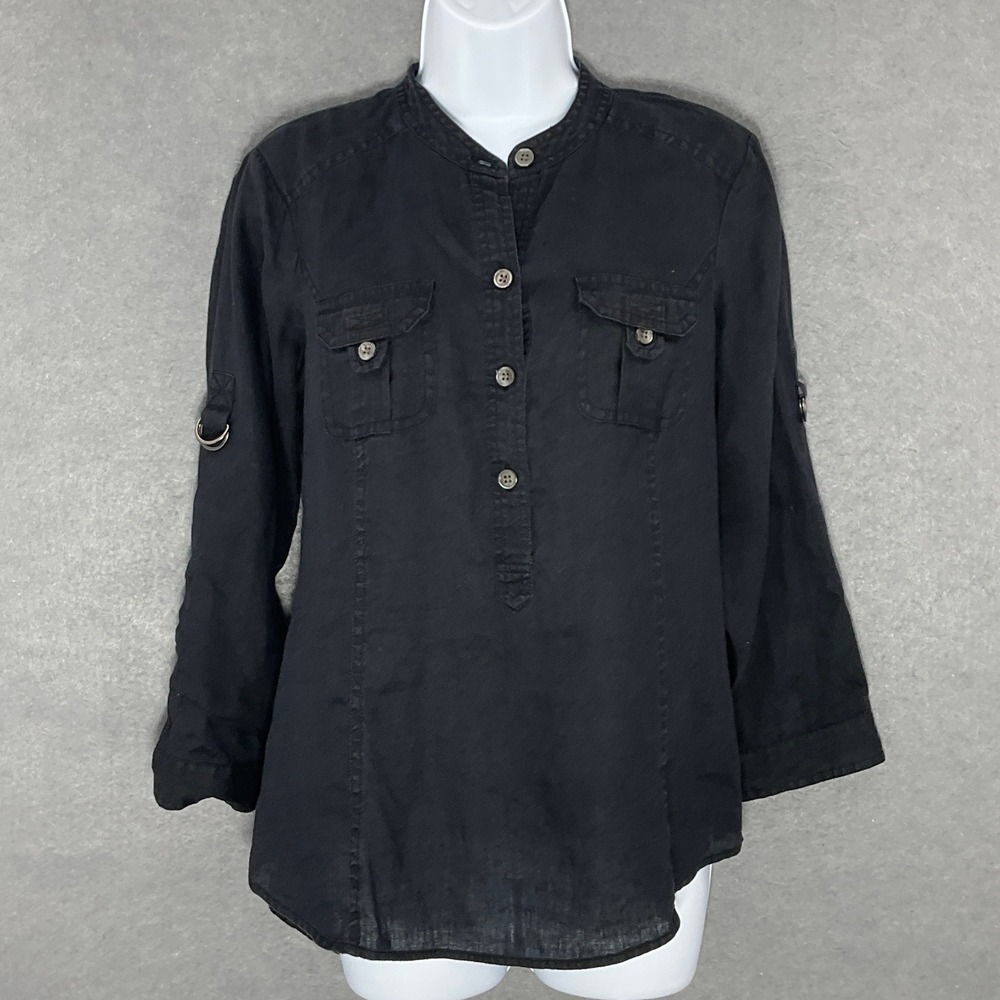 Blue Saks Fifth Avenue Linen Shirt Roll Tab Sleeve Button Up Black Top Sz Small